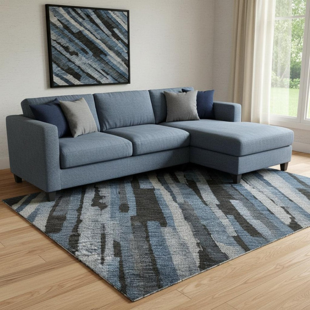 HomeRoots 8' X 10' Striped Washable Area Rug in Blue, Charcoal & Silver with UV Protection for High Traffic Areas 683774