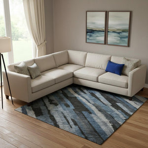 HomeRoots 9' X 12' Stylish Blue Charcoal & Silver Striped Washable Area Rug with UV Protection for Homes 683775