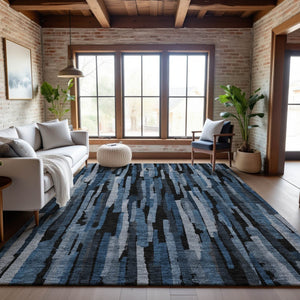 HomeRoots 9' X 12' Stylish Blue Charcoal & Silver Striped Washable Area Rug with UV Protection for Homes 683775