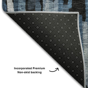HomeRoots 9' X 12' Stylish Blue Charcoal & Silver Striped Washable Area Rug with UV Protection for Homes 683775