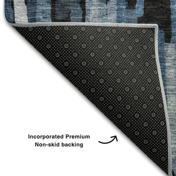 HomeRoots 9' X 12' Stylish Blue Charcoal & Silver Striped Washable Area Rug with UV Protection for Homes 683775