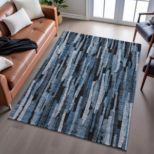 HomeRoots 9' X 12' Stylish Blue Charcoal & Silver Striped Washable Area Rug with UV Protection for Homes 683775