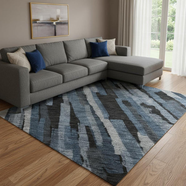 HomeRoots 10' X 14' Classic Blue, Charcoal & Silver Striped Washable Area Rug with UV Protection & Style 683776