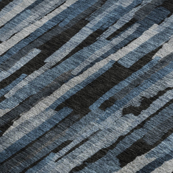 HomeRoots 10' X 14' Classic Blue, Charcoal & Silver Striped Washable Area Rug with UV Protection & Style 683776
