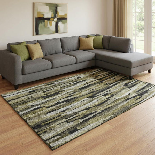 HomeRoots 8' X 10' Brown Charcoal & Gray Striped Washable Area Rug with Stain Resistance & UV Protection 683780