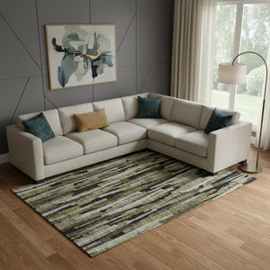 HomeRoots 9' X 12' Striped Washable Area Rug in Brown, Charcoal & Gray - Durable, Stain Resistant with UV Protection 683781