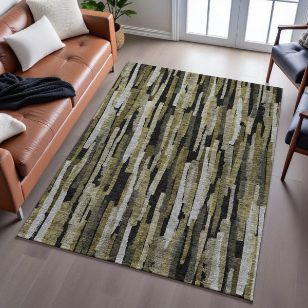 HomeRoots 9' X 12' Striped Washable Area Rug in Brown, Charcoal & Gray - Durable, Stain Resistant with UV Protection 683781