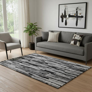 HomeRoots 5' Gray and Silver Striped Washable Area Rug with UV Protection for Stylish, Durable Living Spaces 683784