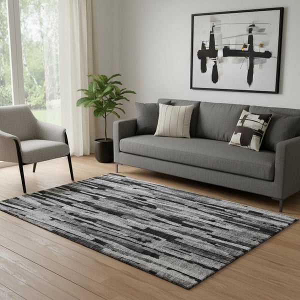 HomeRoots 5' Gray and Silver Striped Washable Area Rug with UV Protection for Stylish, Durable Living Spaces 683784