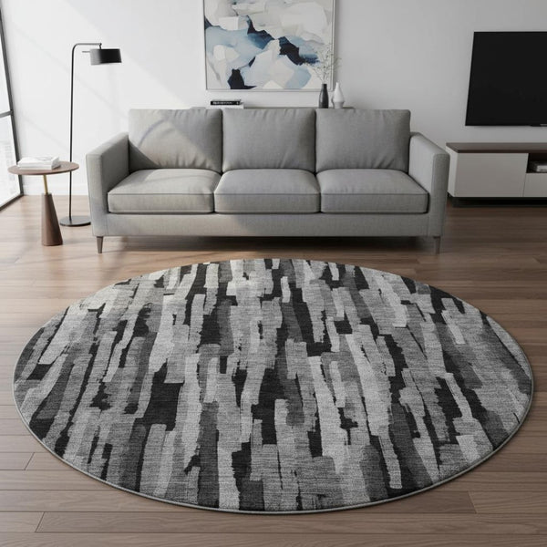 HomeRoots 8' Stylish Gray and Silver Striped Washable Round Rug with UV Protection for Modern Homes 683785