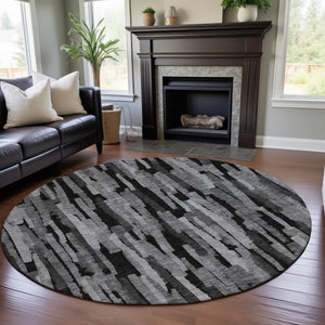 HomeRoots 8' Stylish Gray and Silver Striped Washable Round Rug with UV Protection for Modern Homes 683785