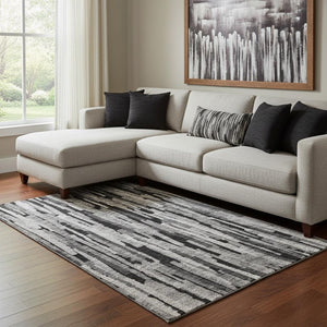 HomeRoots 8' X 10' Gray and Silver Striped Area Rug - Washable, UV-Resistant, Stylish for High-Traffic Spaces 683786