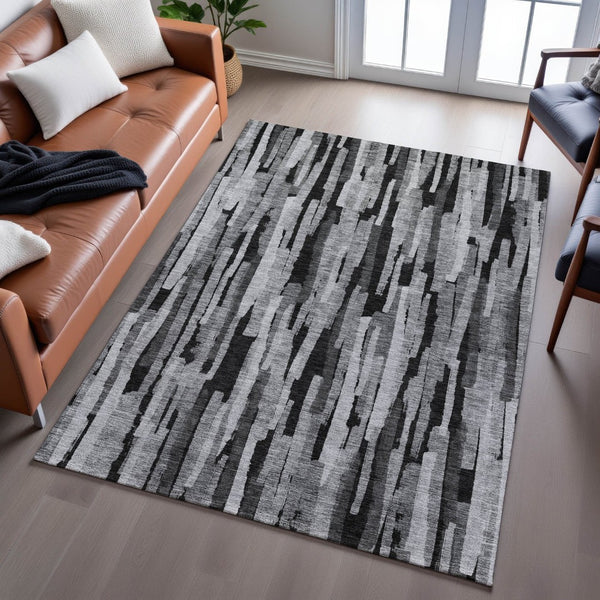 HomeRoots 8' X 10' Gray and Silver Striped Area Rug - Washable, UV-Resistant, Stylish for High-Traffic Spaces 683786