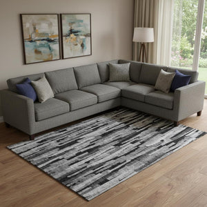 HomeRoots 9' X 12' Gray & Silver Striped Washable Area Rug - Stylish, Durable, UV Protected & Stain Resistant! 683787