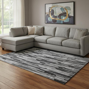 HomeRoots 10' Gray and Silver Striped Washable Area Rug with Stain Resistance, UV Protection, and Slip-Reducing Backing 683788