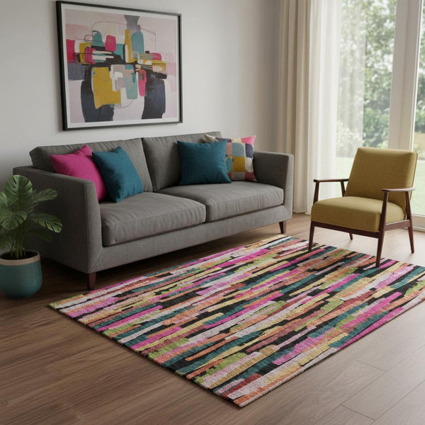HomeRoots 5' Striped Washable Area Rug in Vibrant Pink, Teal & Orange with UV Protection for Active Homes 683790