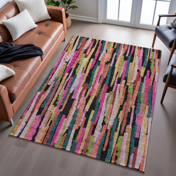 HomeRoots 5' Striped Washable Area Rug in Vibrant Pink, Teal & Orange with UV Protection for Active Homes 683790