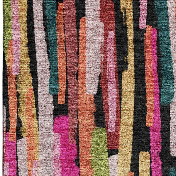 HomeRoots 5' Striped Washable Area Rug in Vibrant Pink, Teal & Orange with UV Protection for Active Homes 683790