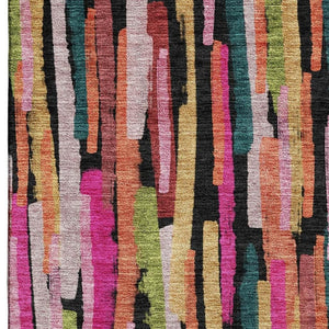 HomeRoots 5' Striped Washable Area Rug in Vibrant Pink, Teal & Orange with UV Protection for Active Homes 683790