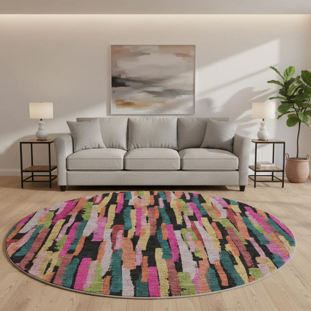 HomeRoots 8' Vibrant Pink, Teal & Orange Striped Round Rug - Washable, UV-Protected, Perfect for Busy Homes! 683791