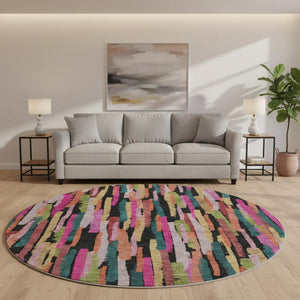 HomeRoots 8' Vibrant Pink, Teal & Orange Striped Round Rug - Washable, UV-Protected, Perfect for Busy Homes! 683791