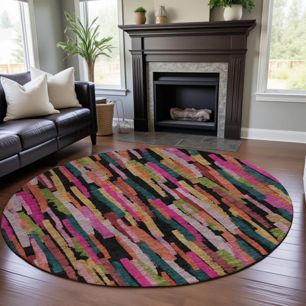 HomeRoots 8' Vibrant Pink, Teal & Orange Striped Round Rug - Washable, UV-Protected, Perfect for Busy Homes! 683791