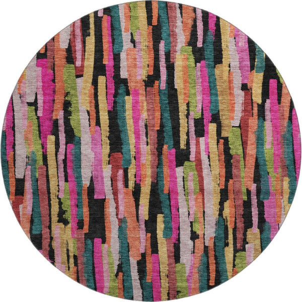 HomeRoots 8' Vibrant Pink, Teal & Orange Striped Round Rug - Washable, UV-Protected, Perfect for Busy Homes! 683791