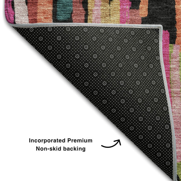 HomeRoots 8' Vibrant Pink, Teal & Orange Striped Round Rug - Washable, UV-Protected, Perfect for Busy Homes! 683791