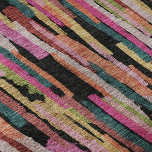 HomeRoots 8' Vibrant Pink, Teal & Orange Striped Round Rug - Washable, UV-Protected, Perfect for Busy Homes! 683791
