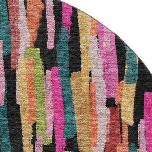 HomeRoots 8' Vibrant Pink, Teal & Orange Striped Round Rug - Washable, UV-Protected, Perfect for Busy Homes! 683791