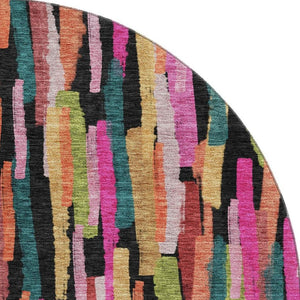 HomeRoots 8' Vibrant Pink, Teal & Orange Striped Round Rug - Washable, UV-Protected, Perfect for Busy Homes! 683791