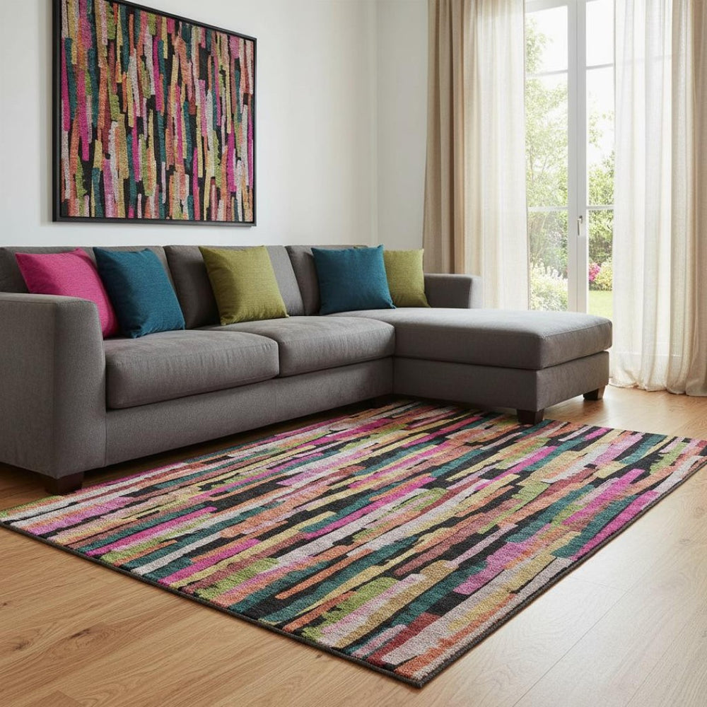 HomeRoots 8' X 10' Vibrant Pink, Teal & Orange Striped Washable Area Rug with UV Protection for High Traffic Spaces 683792