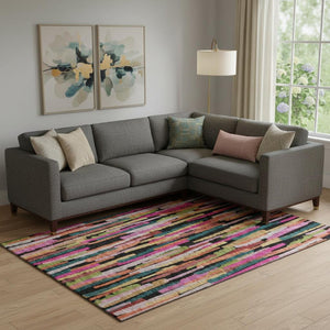 HomeRoots 9' X 12' Washable Striped Area Rug in Pink, Teal & Orange - UV Protected, Stain Resistant, Durable Design 683793