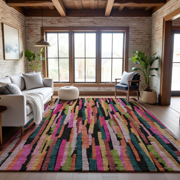 HomeRoots 9' X 12' Washable Striped Area Rug in Pink, Teal & Orange - UV Protected, Stain Resistant, Durable Design 683793