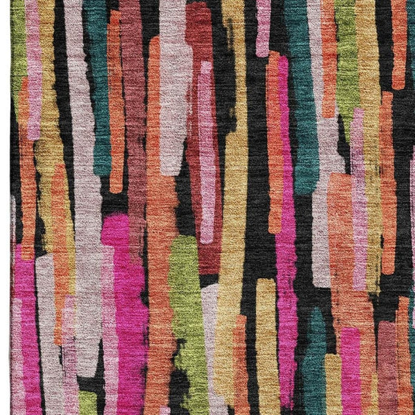 HomeRoots 9' X 12' Washable Striped Area Rug in Pink, Teal & Orange - UV Protected, Stain Resistant, Durable Design 683793