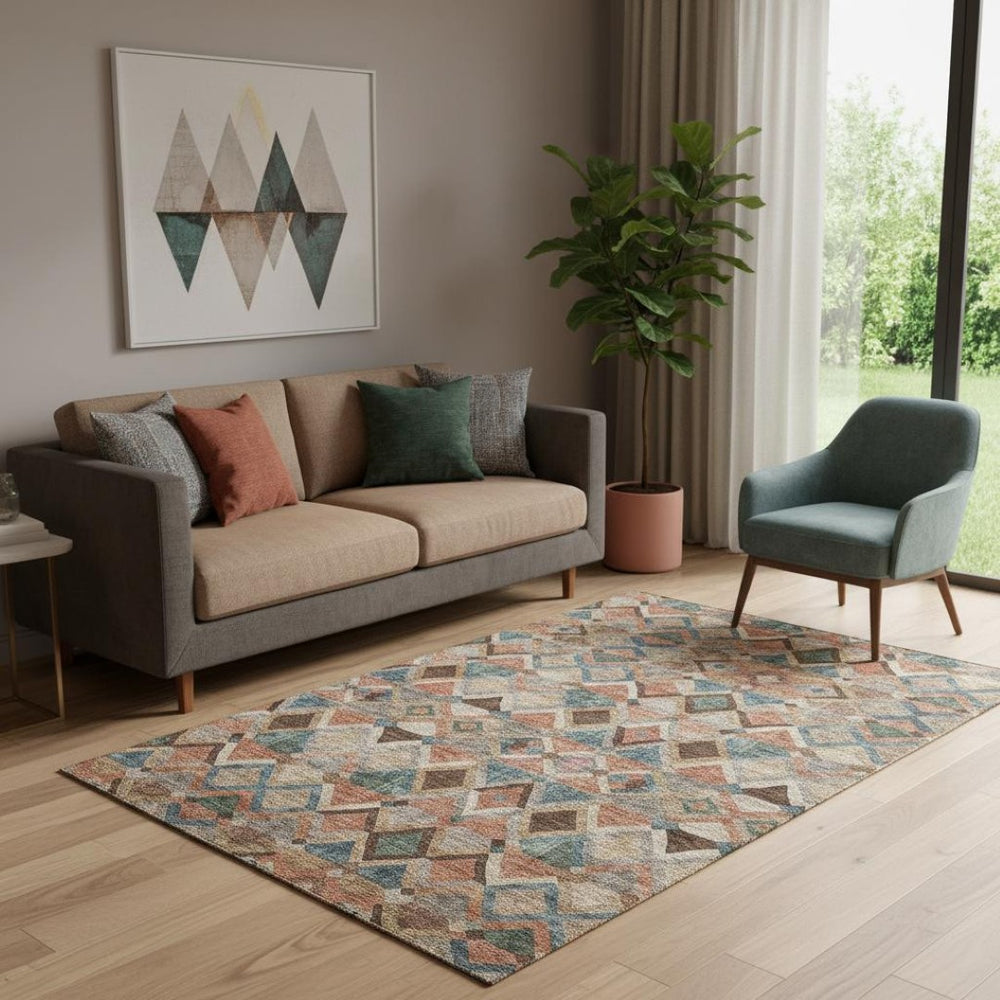 HomeRoots 5' X 8' Stylish Brown, Blue & Coral Geometric Washable Area Rug with UV Protection for Any Space 683796