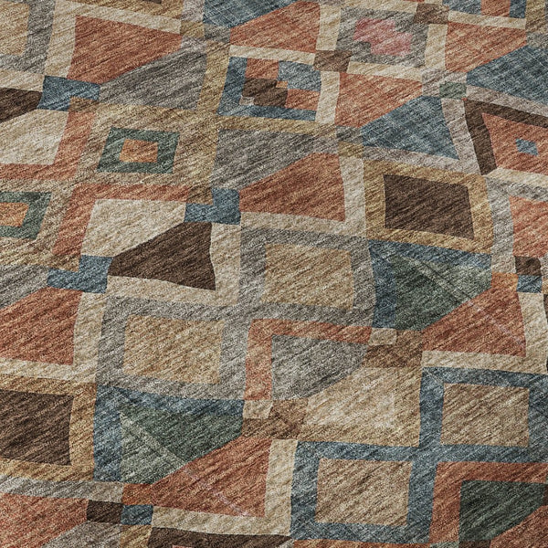 HomeRoots 5' X 8' Stylish Brown, Blue & Coral Geometric Washable Area Rug with UV Protection for Any Space 683796