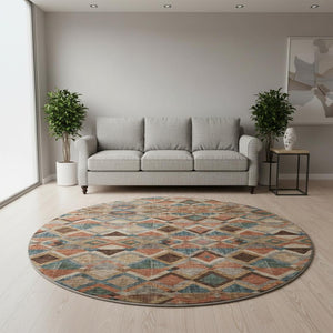 HomeRoots 8' Brown, Blue & Coral Geometric Washable Round Rug – UV Protection for Family-Friendly Spaces! 683797