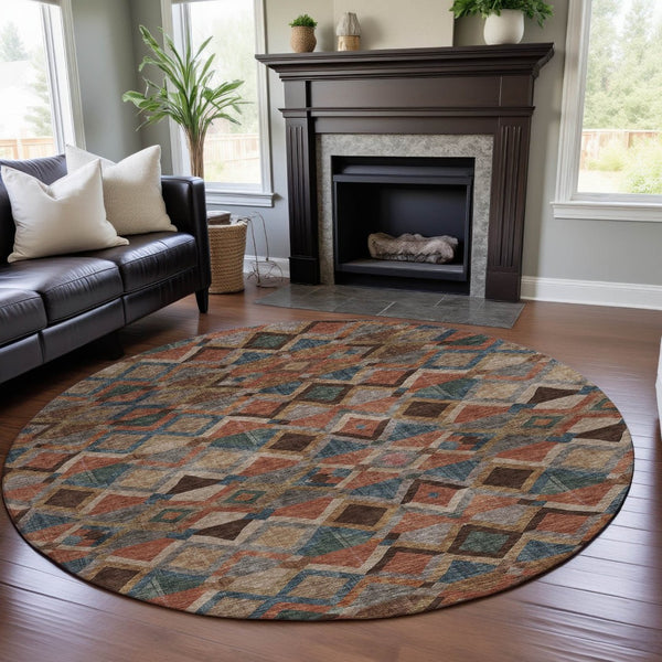 HomeRoots 8' Brown, Blue & Coral Geometric Washable Round Rug – UV Protection for Family-Friendly Spaces! 683797