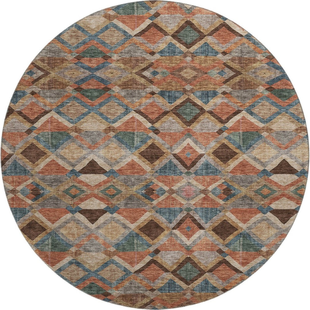 HomeRoots 8' Brown, Blue & Coral Geometric Washable Round Rug – UV Protection for Family-Friendly Spaces! 683797