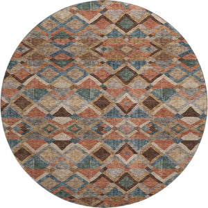 HomeRoots 8' Brown, Blue & Coral Geometric Washable Round Rug – UV Protection for Family-Friendly Spaces! 683797