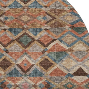 HomeRoots 8' Brown, Blue & Coral Geometric Washable Round Rug – UV Protection for Family-Friendly Spaces! 683797