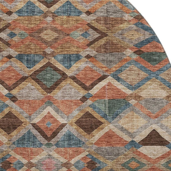 HomeRoots 8' Brown, Blue & Coral Geometric Washable Round Rug – UV Protection for Family-Friendly Spaces! 683797