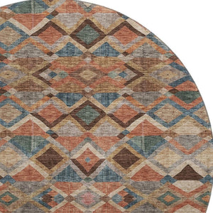 HomeRoots 8' Brown, Blue & Coral Geometric Washable Round Rug – UV Protection for Family-Friendly Spaces! 683797
