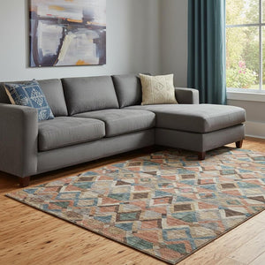 HomeRoots 8' X 10' Stylish Geometric Area Rug in Brown, Blue & Coral – Washable, UV-Protected & Stain-Resistant! 683798