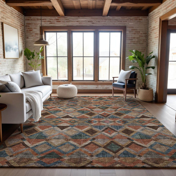 HomeRoots 8' X 10' Stylish Geometric Area Rug in Brown, Blue & Coral – Washable, UV-Protected & Stain-Resistant! 683798