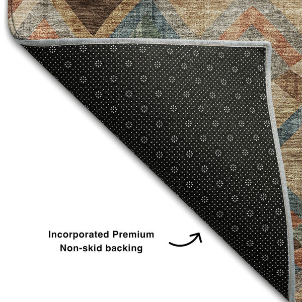 HomeRoots 8' X 10' Stylish Geometric Area Rug in Brown, Blue & Coral – Washable, UV-Protected & Stain-Resistant! 683798