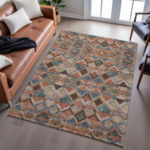 HomeRoots 8' X 10' Stylish Geometric Area Rug in Brown, Blue & Coral – Washable, UV-Protected & Stain-Resistant! 683798