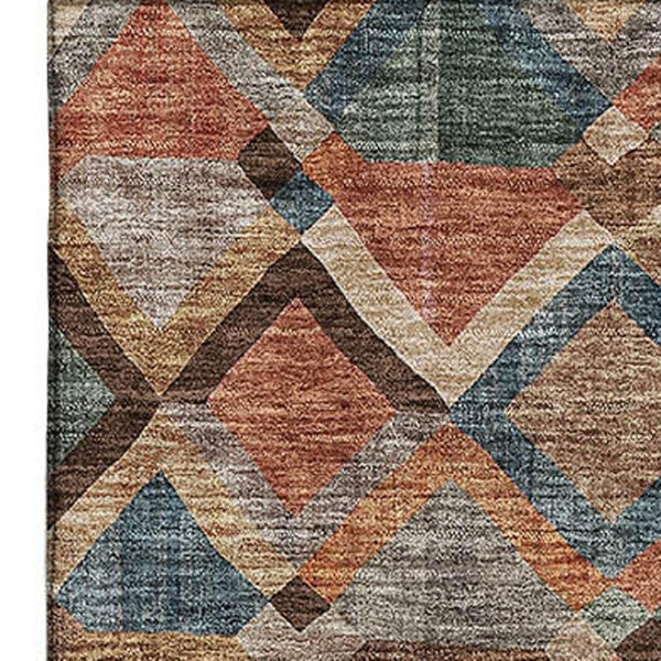 HomeRoots 8' X 10' Stylish Geometric Area Rug in Brown, Blue & Coral – Washable, UV-Protected & Stain-Resistant! 683798