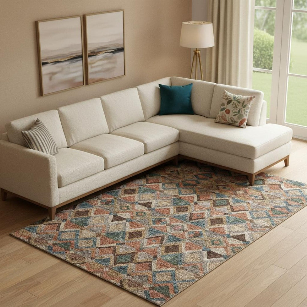HomeRoots 9' X 12' Stylish Geometric Area Rug in Brown, Blue & Coral - Durable, Washable & UV Protected Design 683799